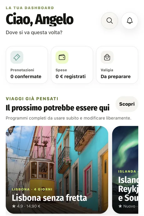 Schermata home di Waylooom: dashboard con prenotazioni, spese, valigia e itinerari già pensati